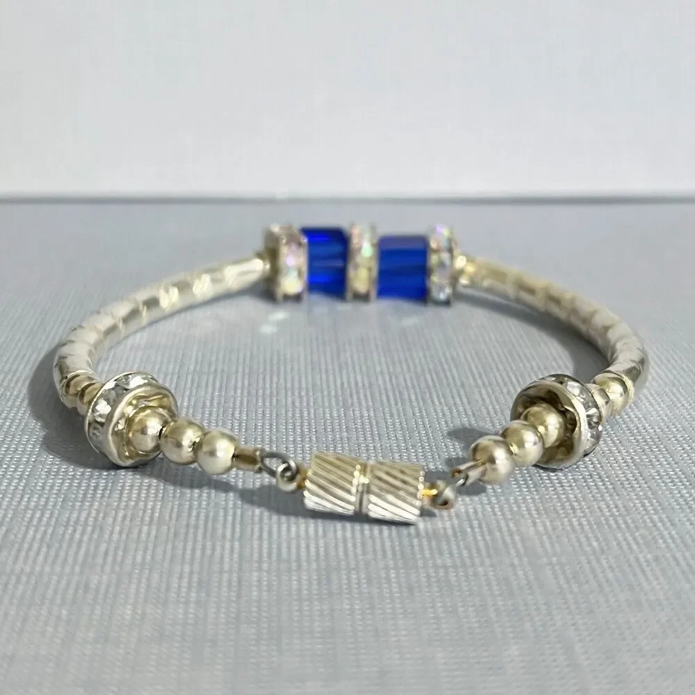 Vintage Bracelet Silver Tone Curved Metal Tube Bead Blue Square Aurora Borealis